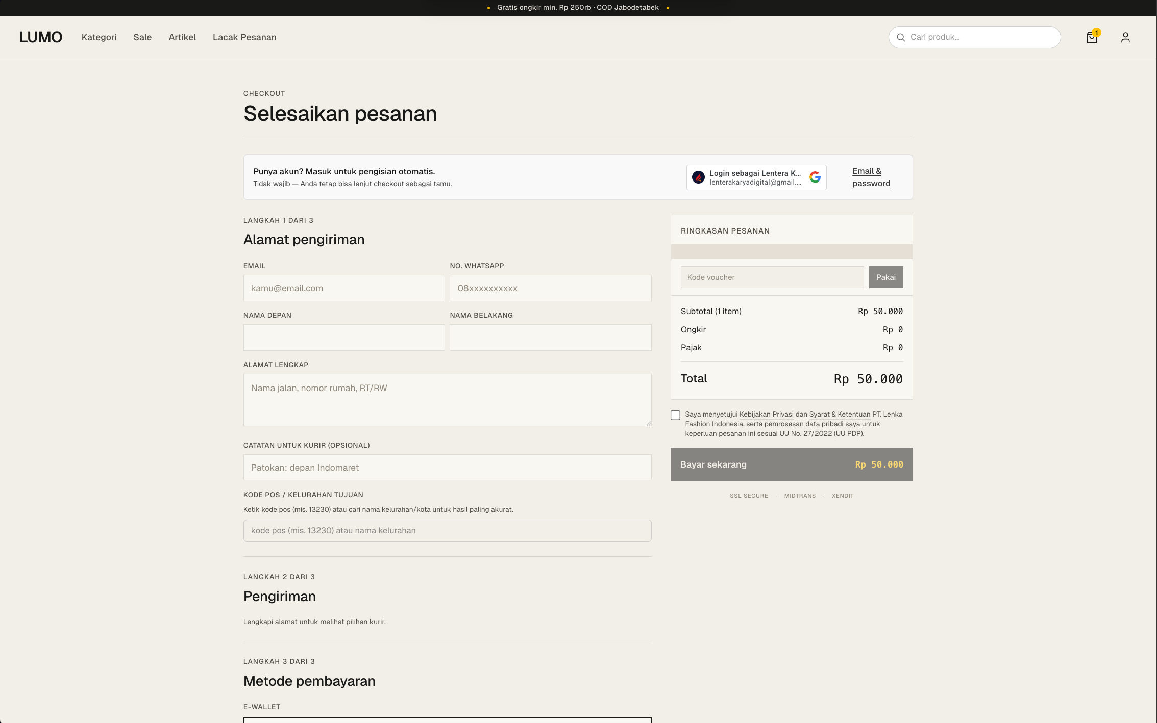 Lumo checkout — single-page address, shipping, and payment with seven payment groups and live order summary