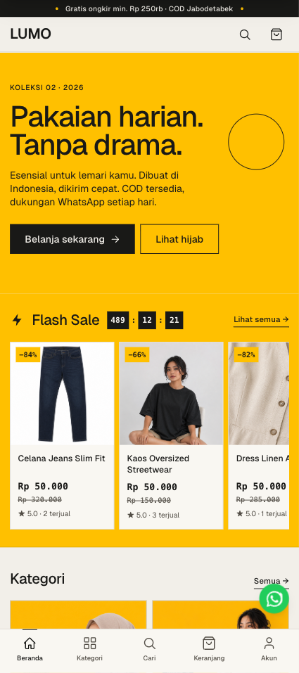 Lumo storefront — mobile home feed with hero banner, flash sale strip, and bottom navigation