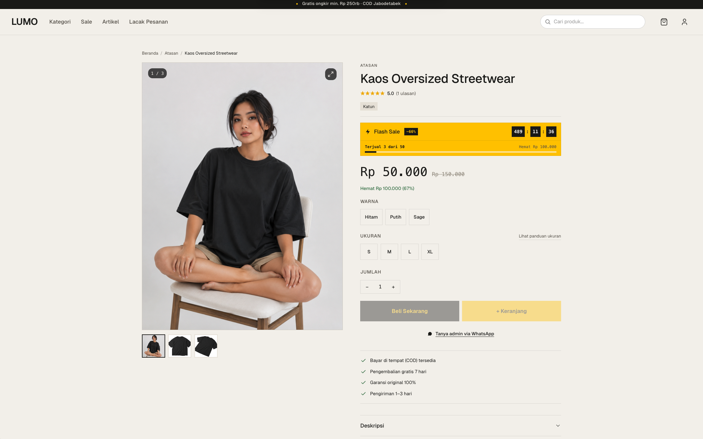 Lumo product detail page — gallery, variant picker, trust badges, dual CTAs and reviews