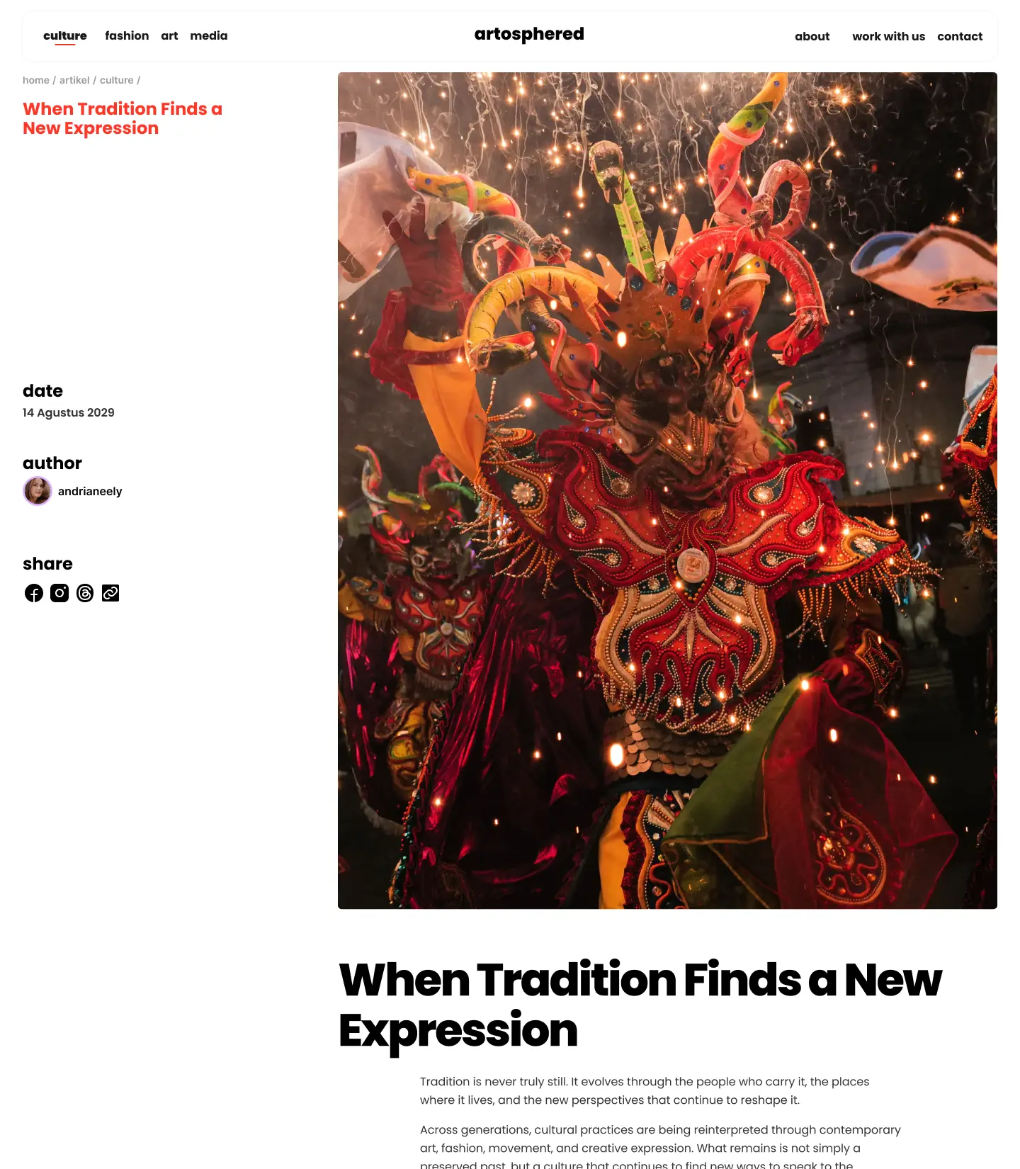 An article page with date, author and share links in the margin beside a full-width festival photo and the headline