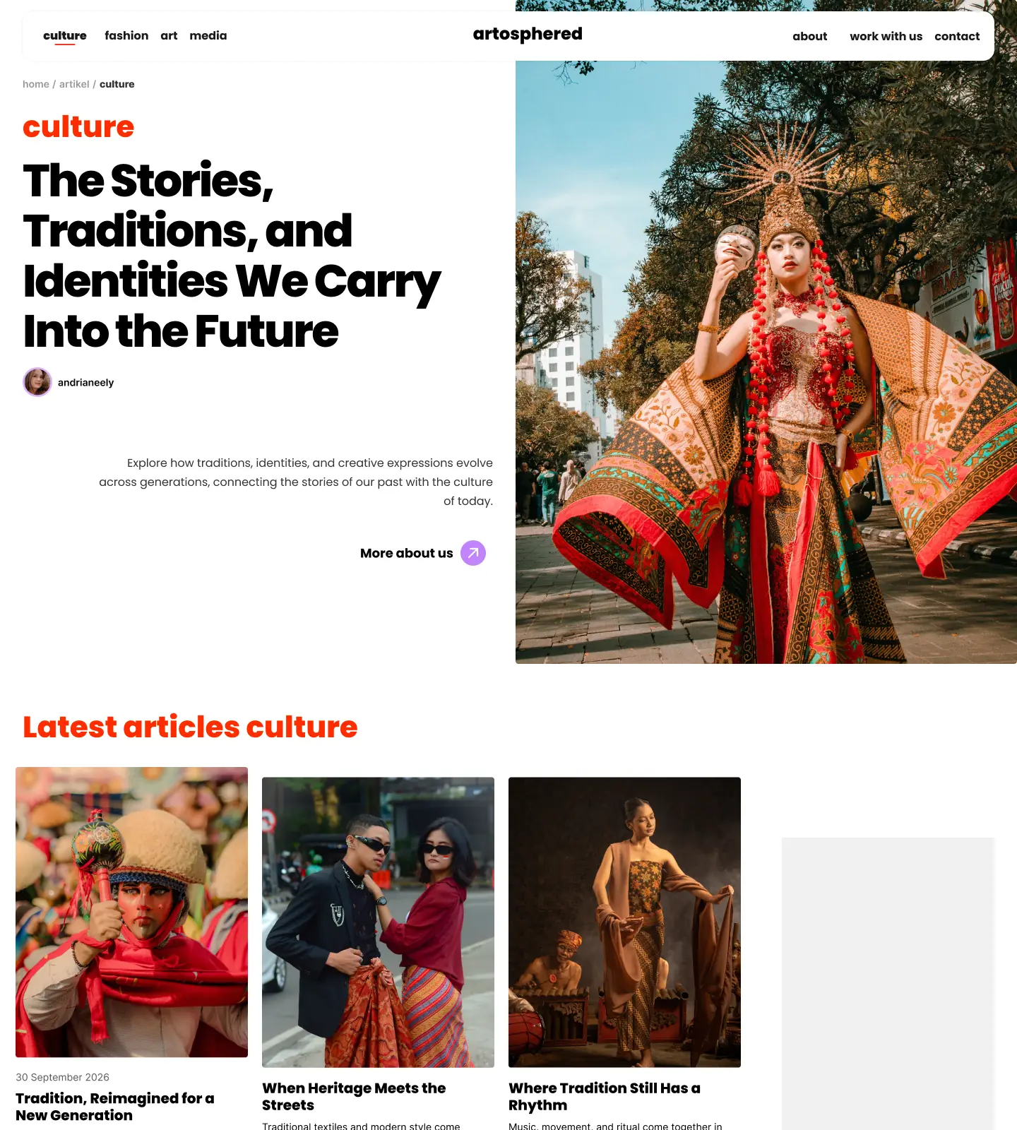 The culture category page: a featured story with a large photo, then a grid of the latest culture articles