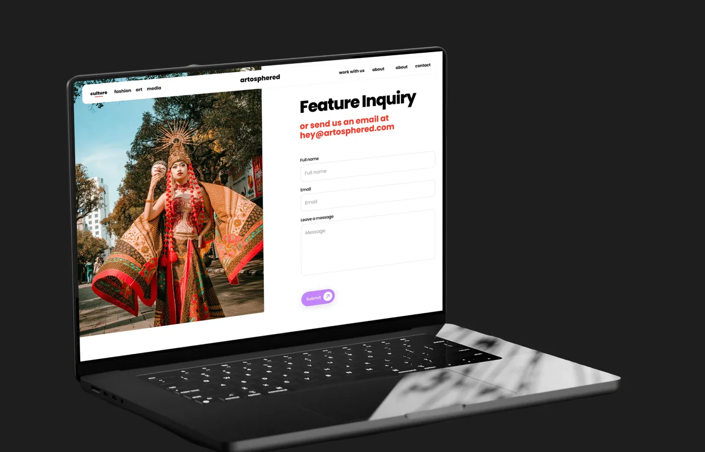 Artosphered's feature inquiry page on a laptop, with a full-height fashion photo beside the form