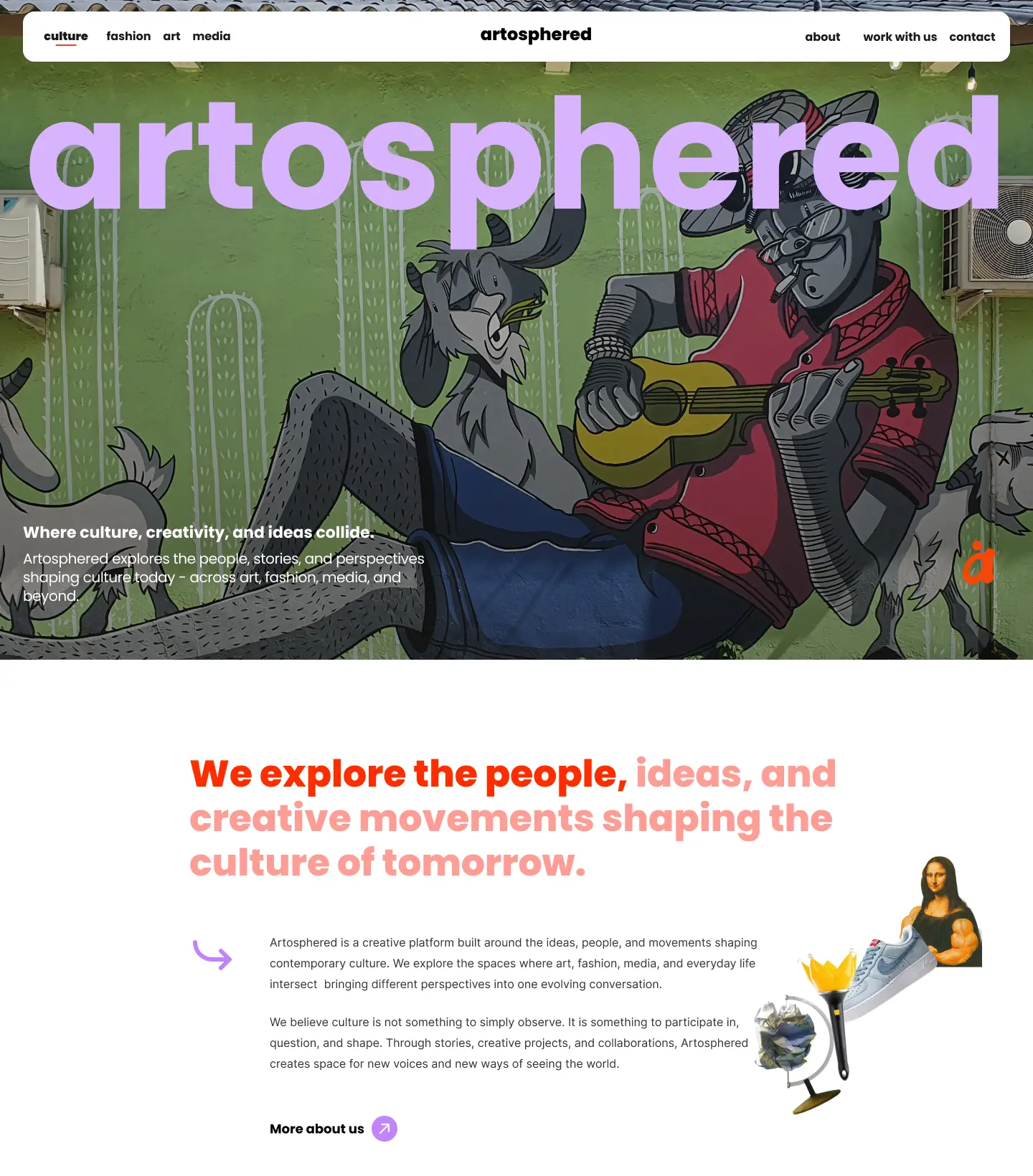 The Artosphered homepage: the wordmark set large over a street mural, then the platform's mission in bold red and pink type