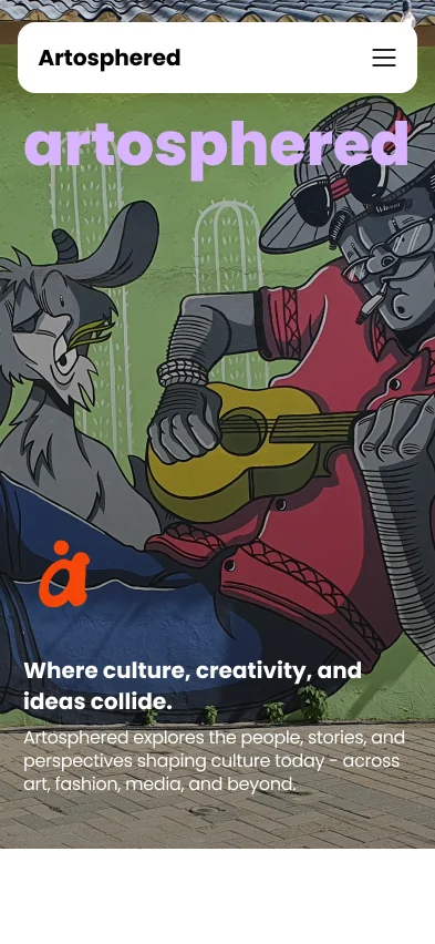 The homepage on a phone, with the mural and the oversized wordmark