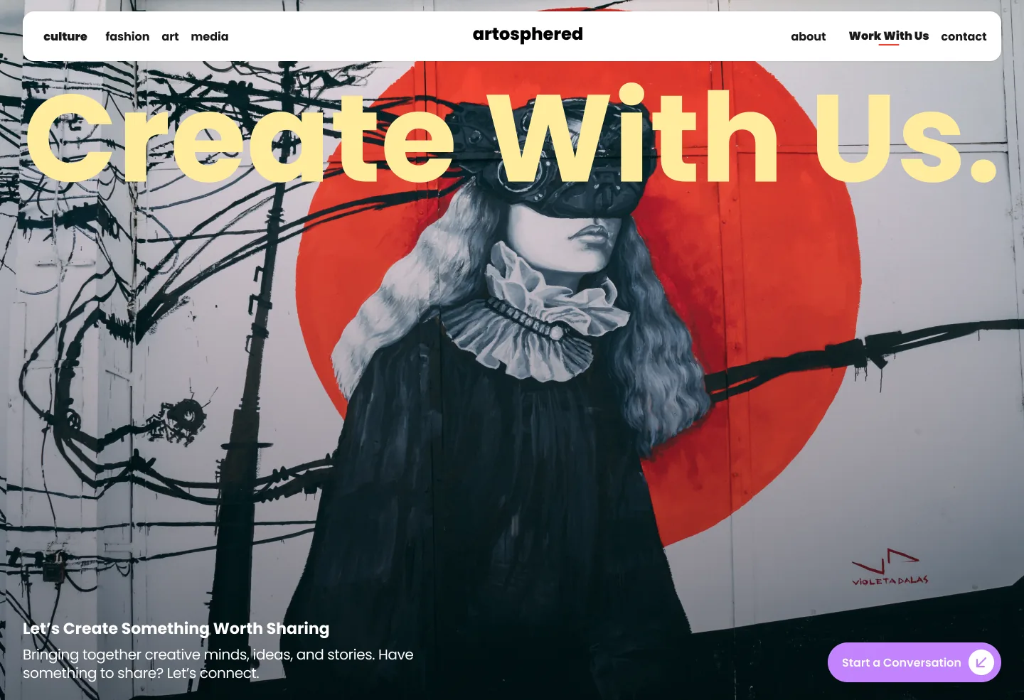 The Work With Us page, headed Create With Us over a mural, inviting brands and creatives to start a conversation