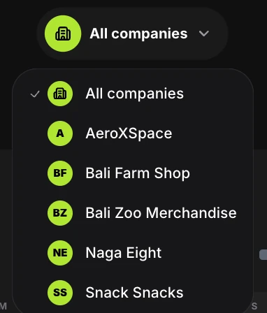 The company switcher, listing every company the studio produces for plus an all-companies view