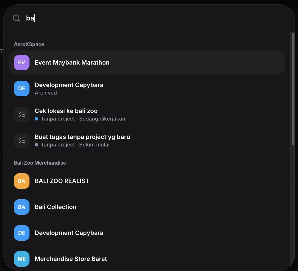 Search results for projects and tasks, grouped under the company each one belongs to
