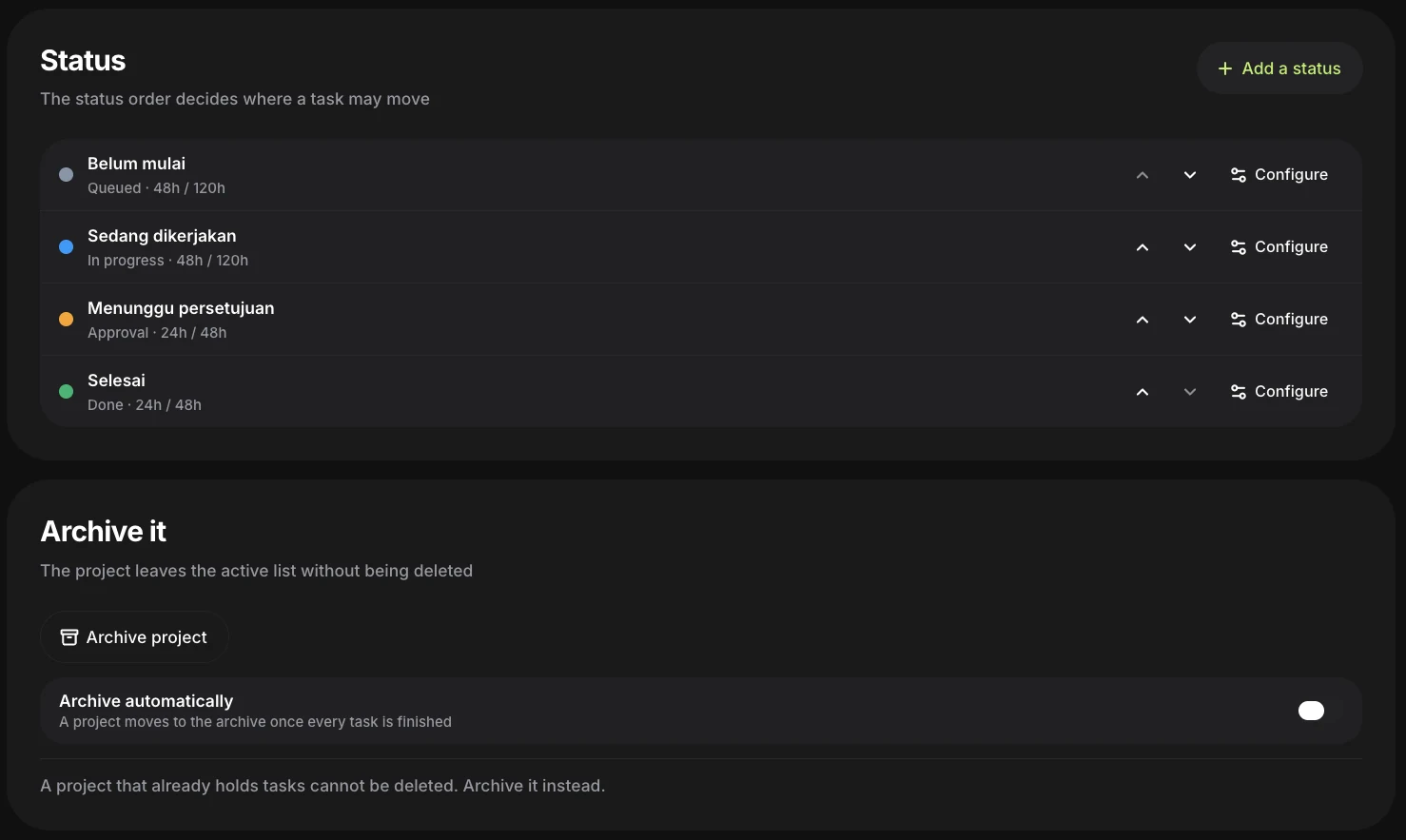 Project settings — each status with its own pair of ageing thresholds, plus archiving once every task is finished