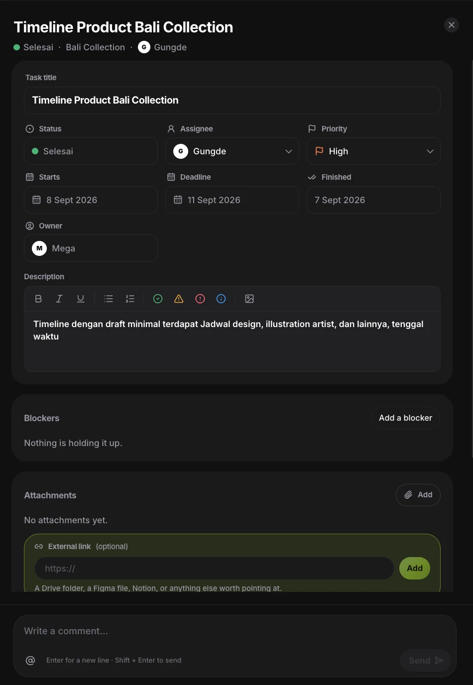 A task detail view with status, assignee, priority, start and finish dates, owner, description, blockers, attachments and comments