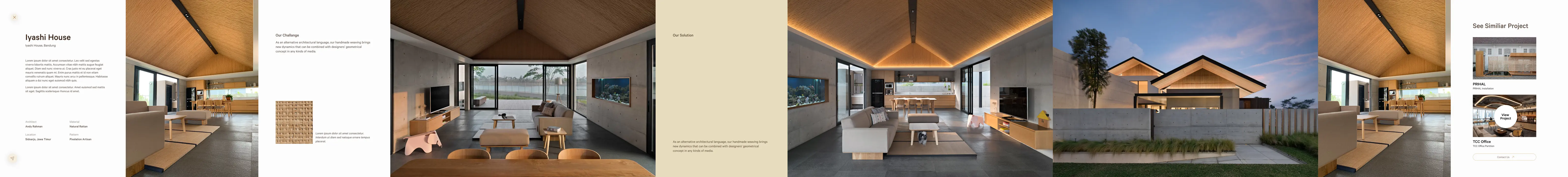 The full Iyashi House project page laid out horizontally: title and specification panel, Our Challenge, full-height photography, Our Solution, and a See Similar Project rail