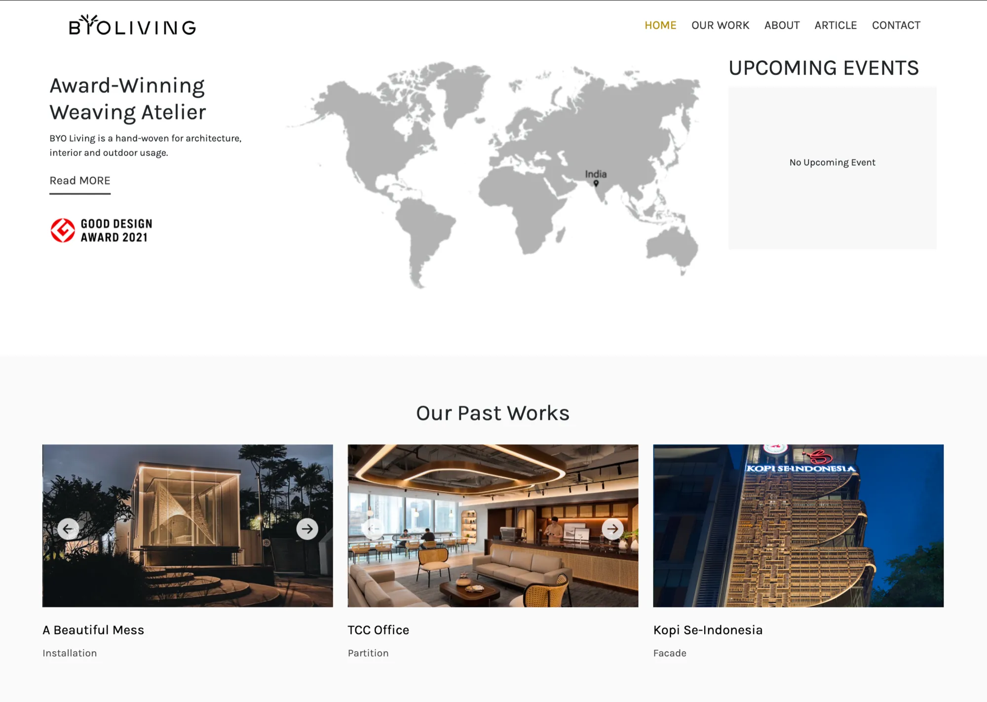 BYO Living homepage with the award-winning weaving atelier headline, world map, upcoming events and past works