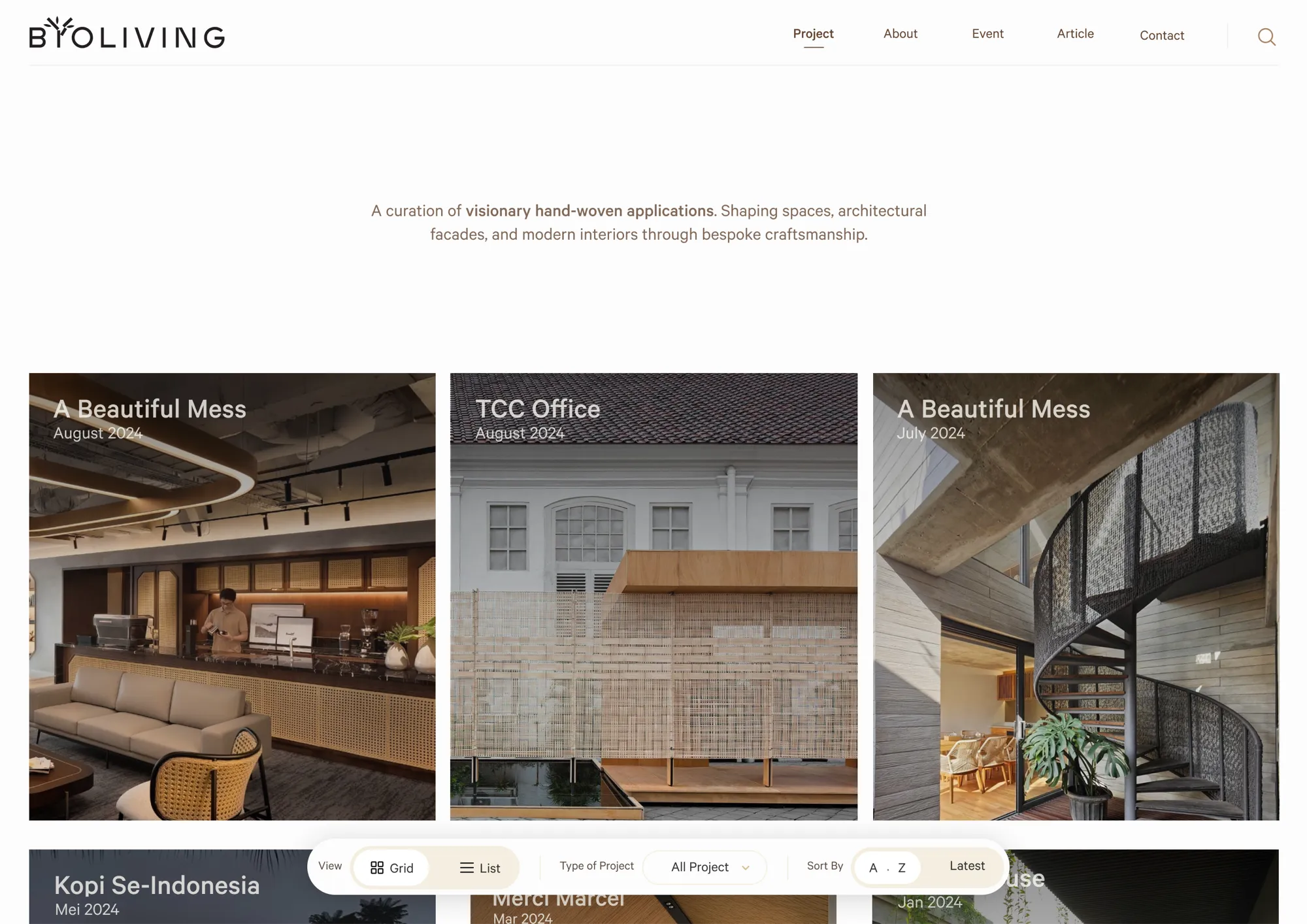 BYO Living project index in grid view — project covers with a floating bar to switch view, filter by project type and sort