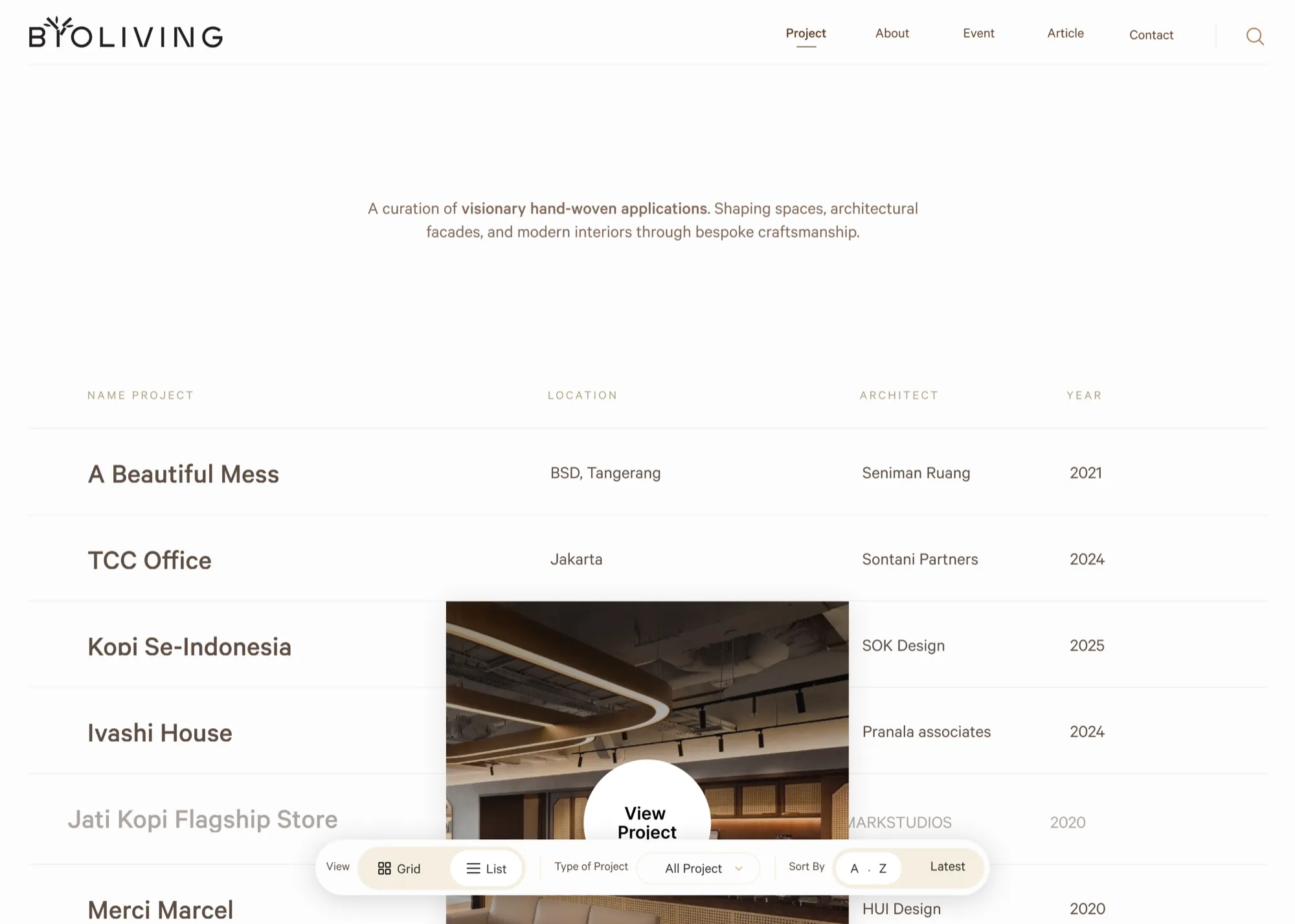 The same index in list view — project name, location, architect and year, with a cover image previewing on hover