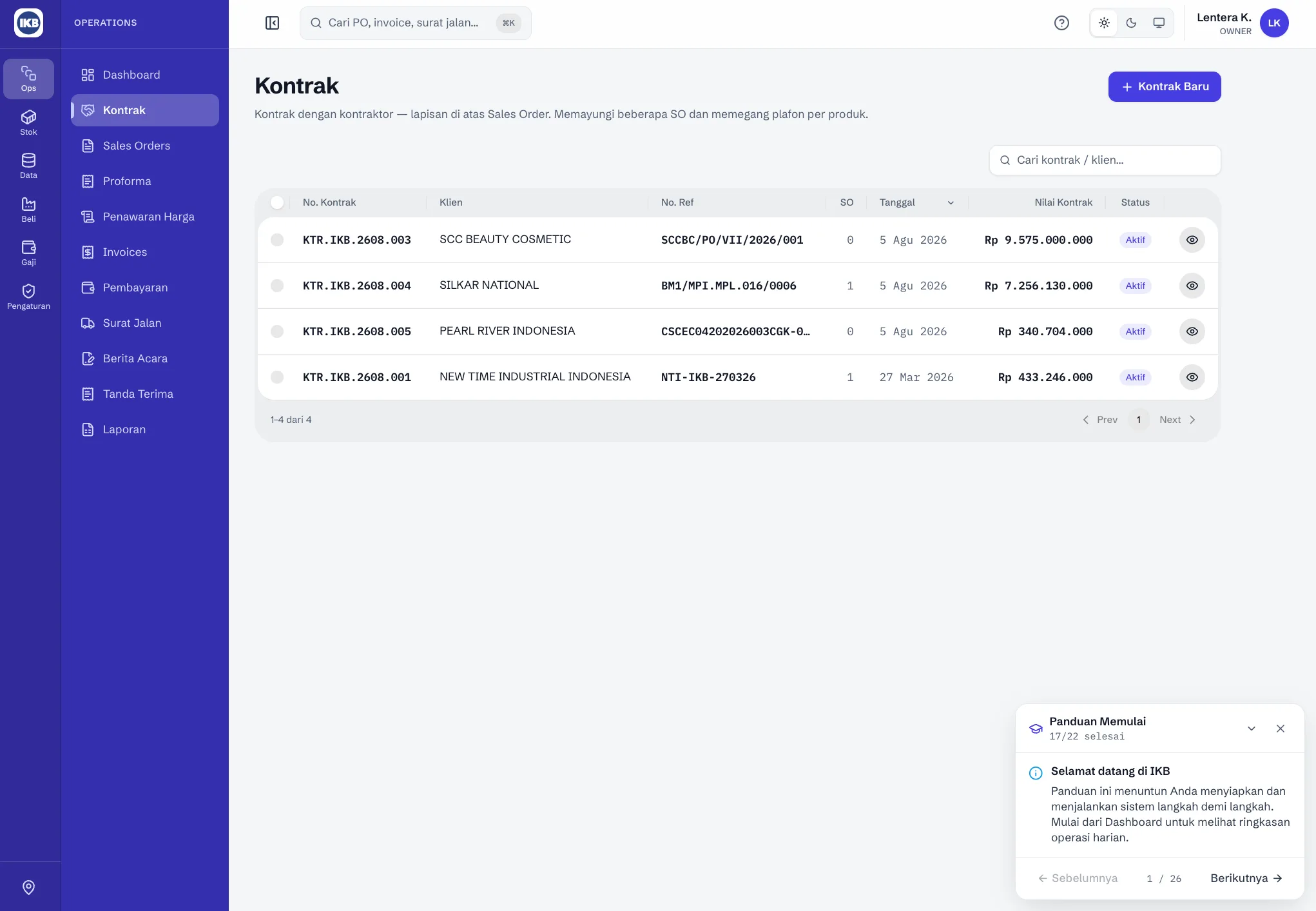 The IKB Operations contract list — contract number, client, reference, linked sales orders, date, contract value and status