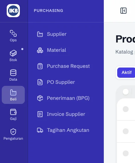 The Purchasing module expanded — supplier, material, purchase request, supplier PO, goods receipt, supplier invoice and freight bill