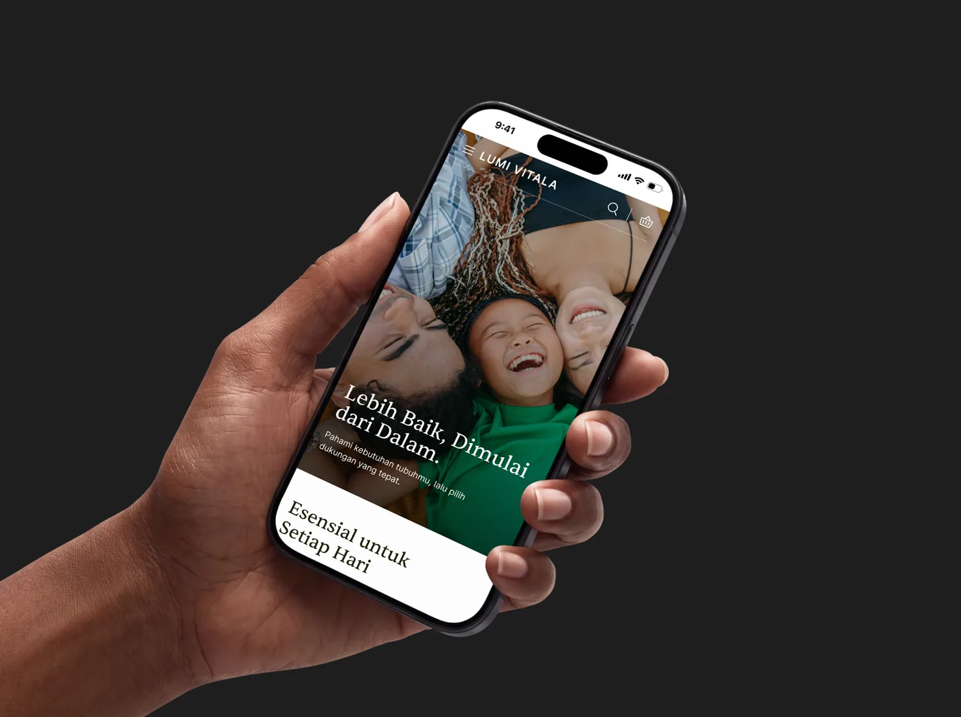 The Lumi Vitala homepage on a phone, opening with the line Lebih Baik, Dimulai dari Dalam