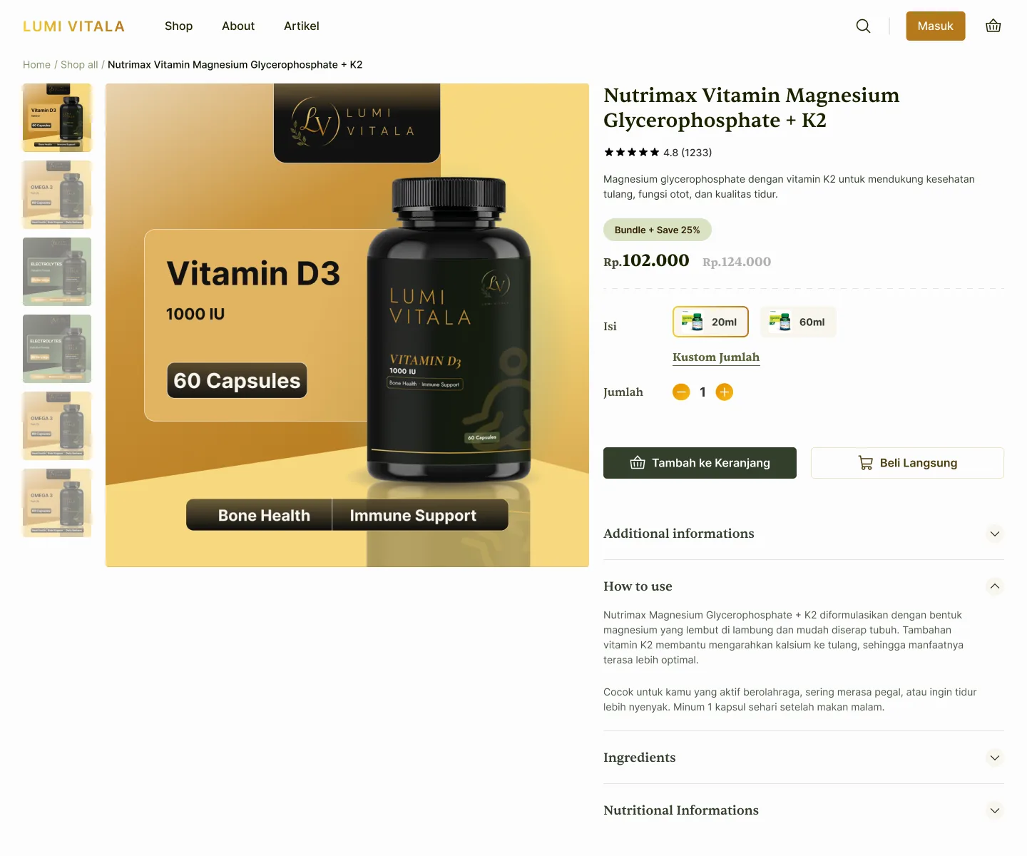 A product page with Bone Health and Immune Support tags on the product image, size and quantity options, and how to use, ingredients and nutrition information in collapsible sections