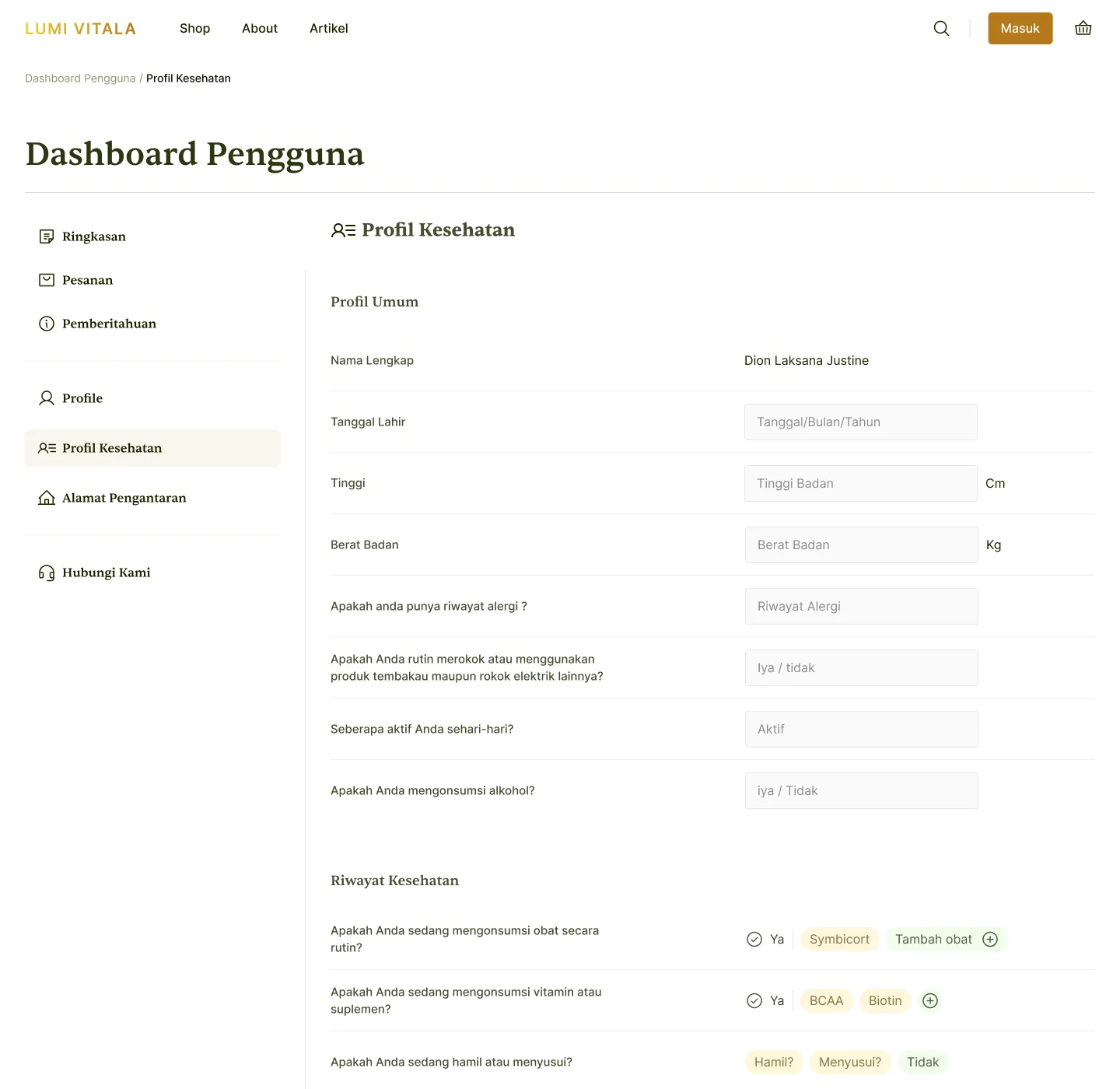 The customer dashboard open on the health profile, asking about allergies, smoking, activity, medication, supplements and pregnancy