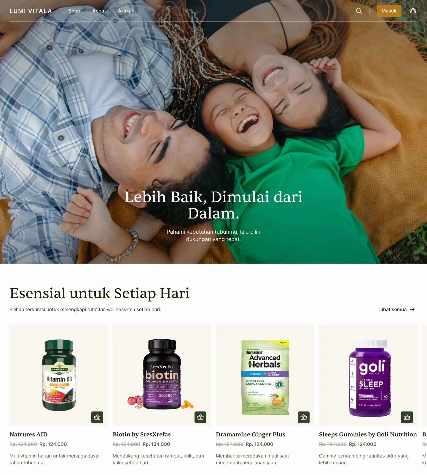 The Lumi Vitala homepage: a full-width family photo with the brand promise, then a row of everyday essentials with a one-line benefit and price on each card