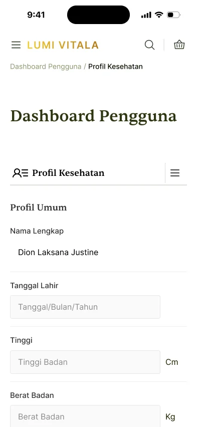 The health profile on a phone, starting with name, date of birth, height and weight