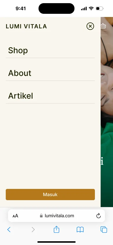 The homepage on a phone, with the menu, search and cart above the hero