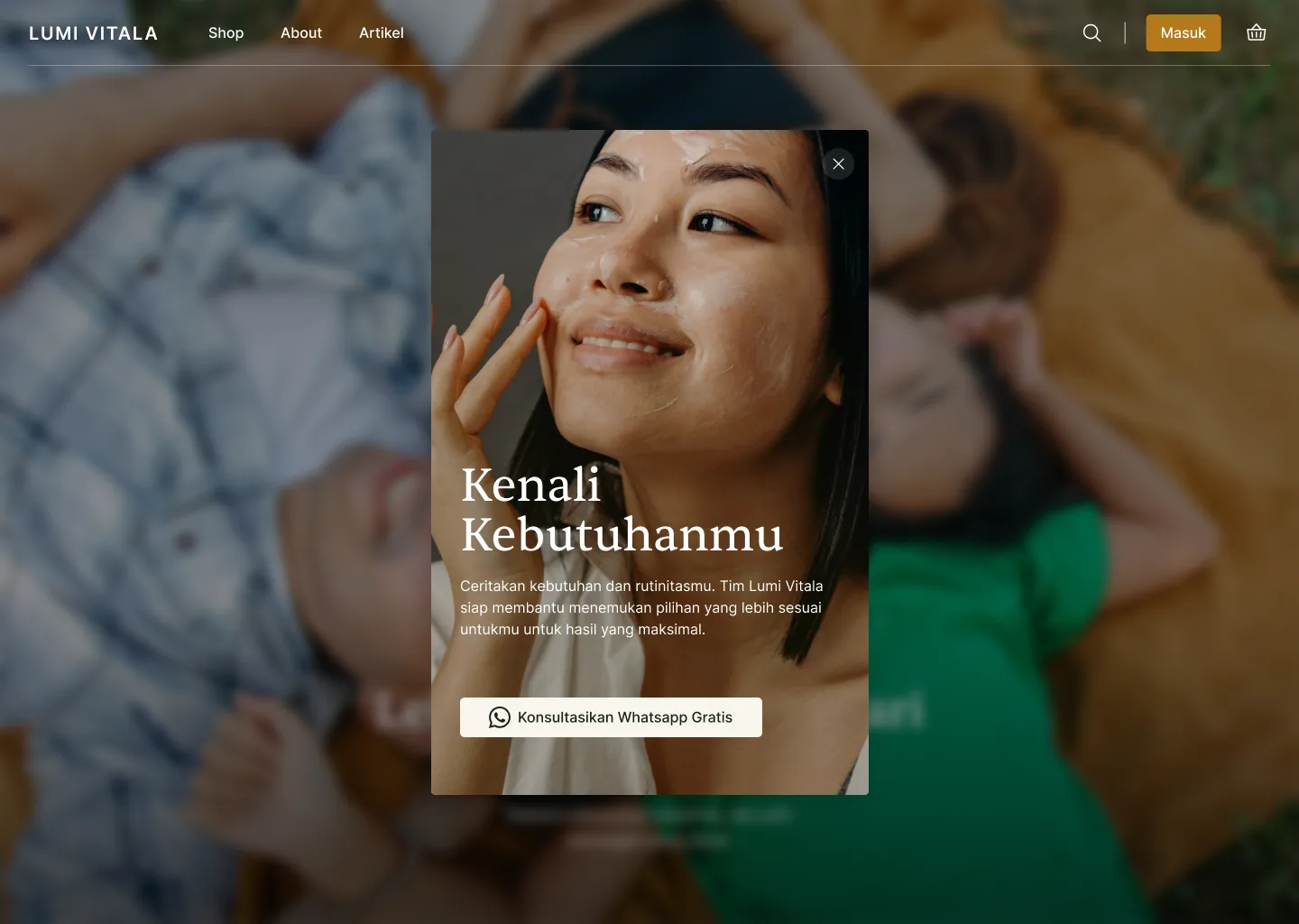 A pop-up headed Kenali Kebutuhanmu that offers a free WhatsApp consultation to help choose the right products