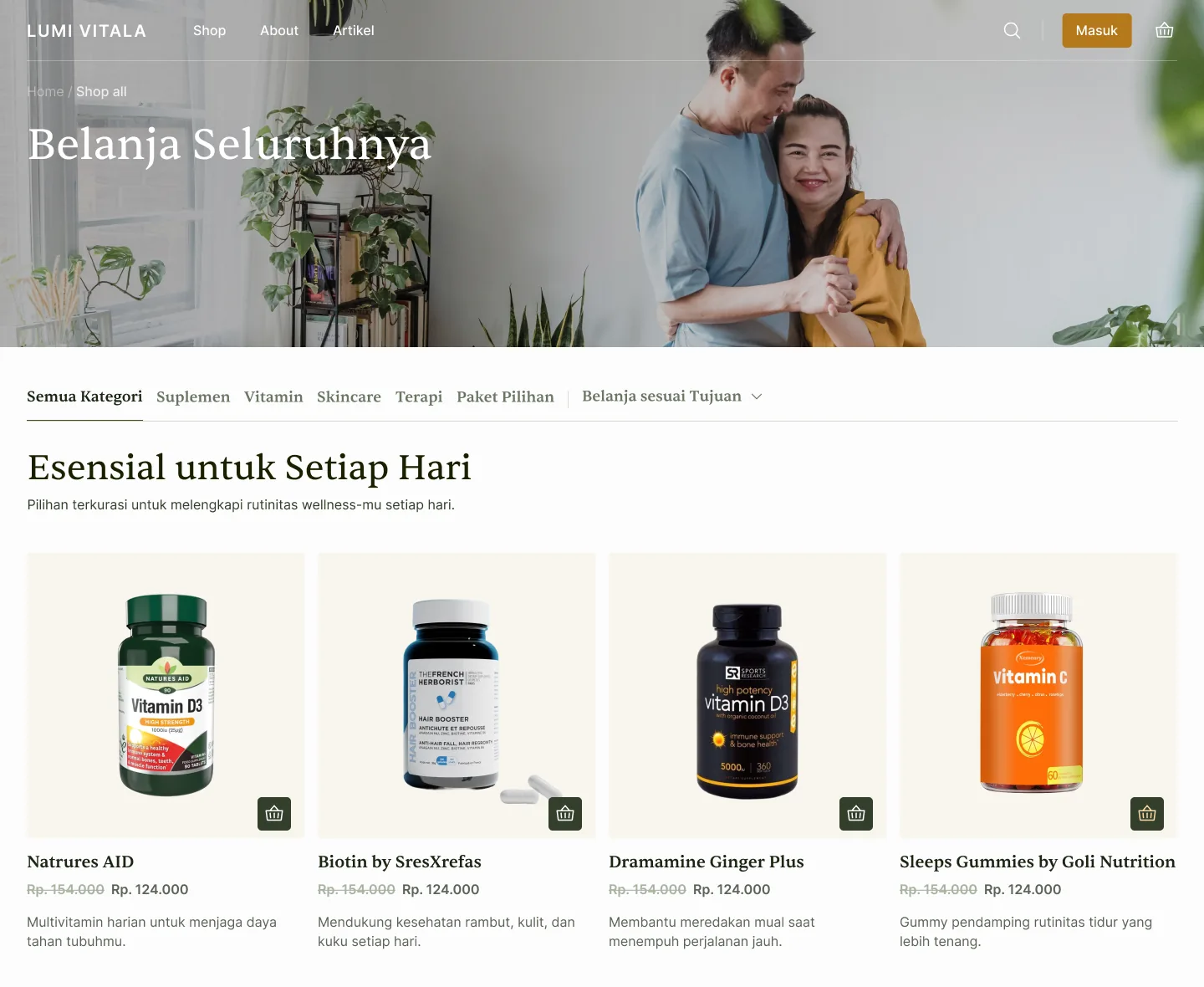 The shop page with tabs for supplements, vitamins, skincare, therapy and bundles, plus a shop-by-goal menu, above a grid of products